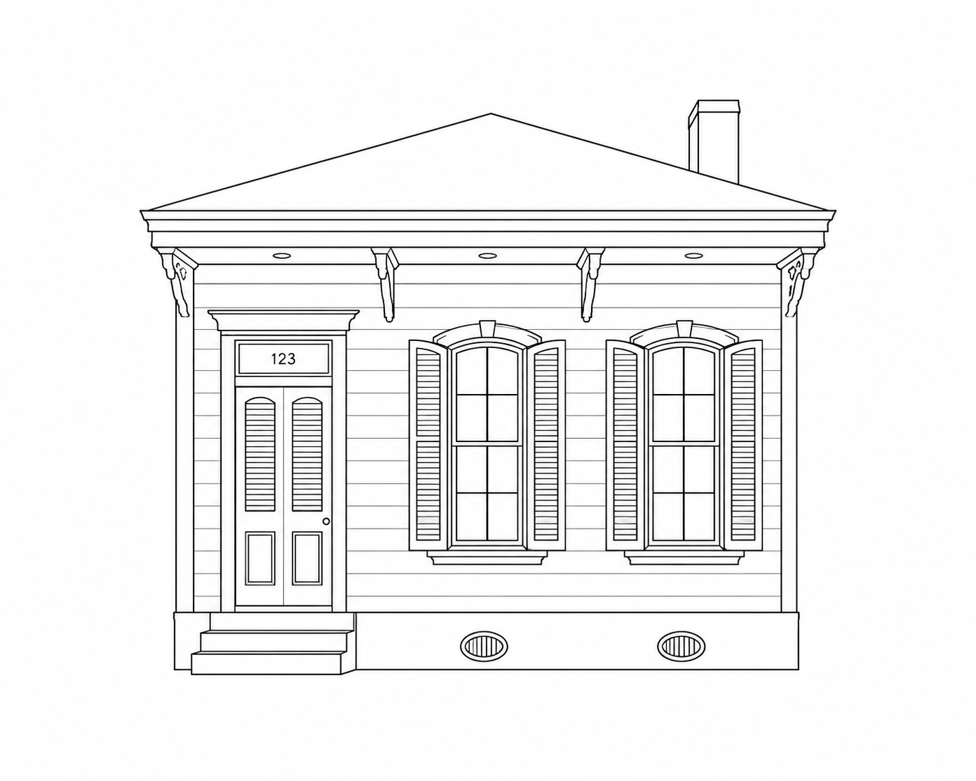 Architectural line drawing of a classic New Orleans shotgun house with arched shutters and decorative brackets