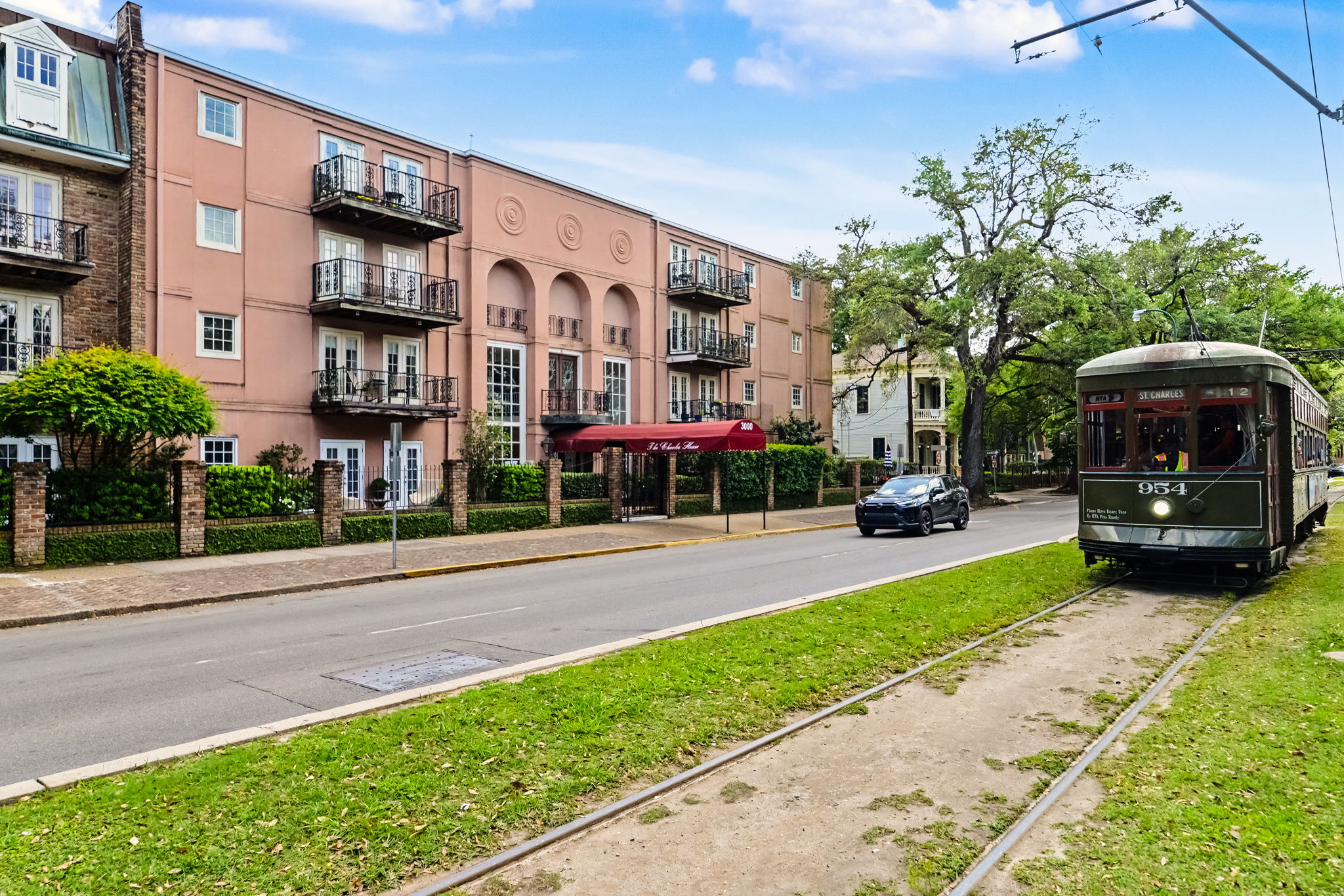 The St. Charles House condominiums beside the streetcar line on St. Charles Avenue, New Orleans