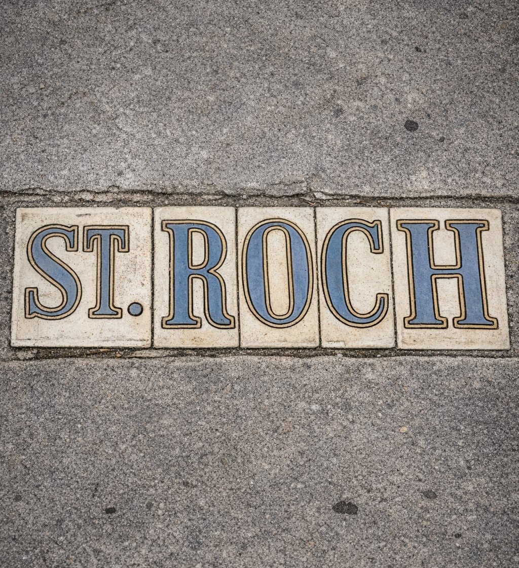 Blue-and-cream sidewalk tiles spelling ST. ROCH set into a New Orleans sidewalk