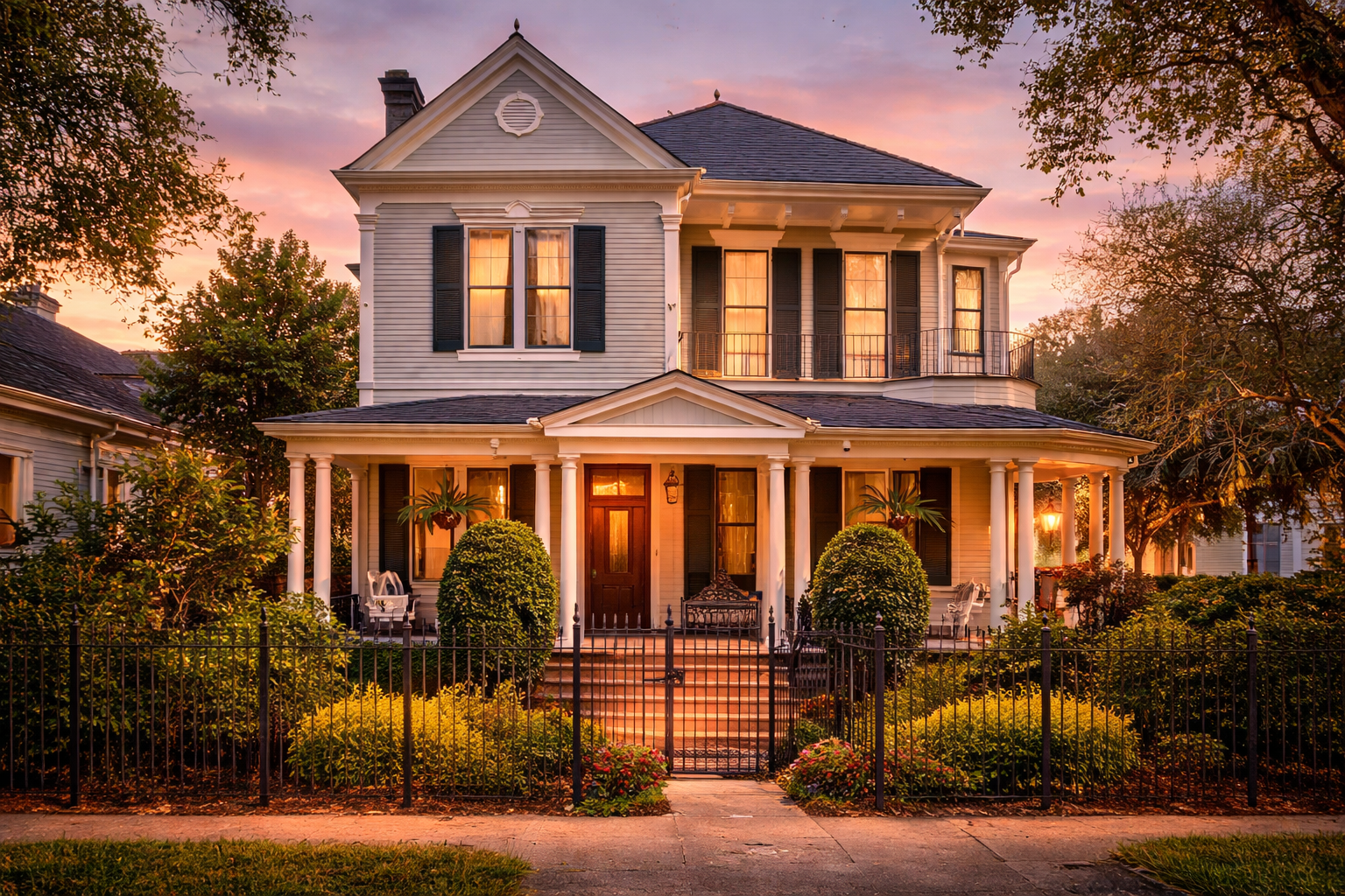 Stately white Victorian home with a wraparound porch glowing at twilight on a tree-lined Uptown New Orleans street